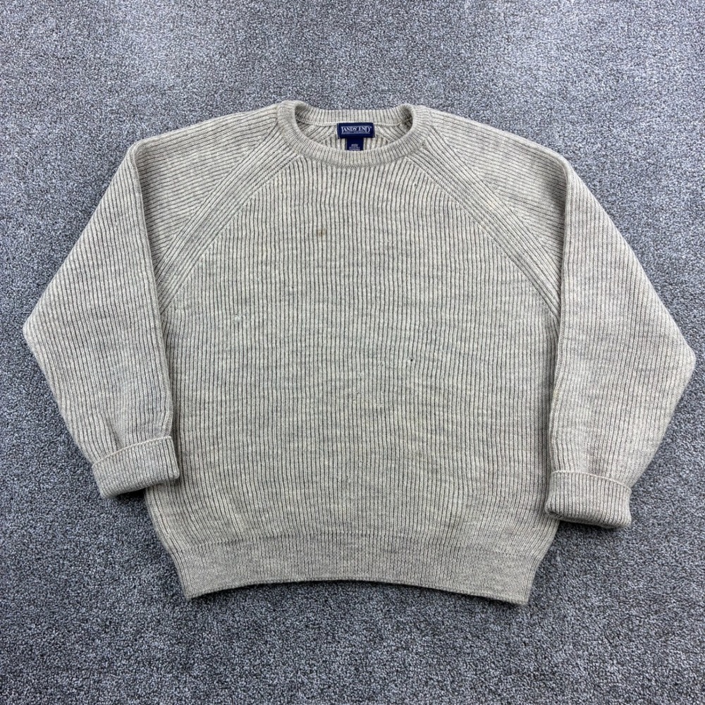 Vintage Lands End Sweater Mens L Tan Wool Ribbed Fisherman Made in England